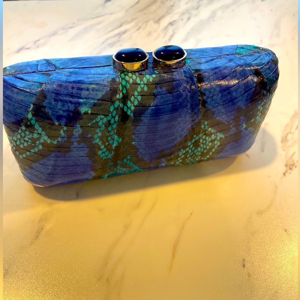 Blue, turquoise and black snakeskin evening clutch with gold strap (inside)